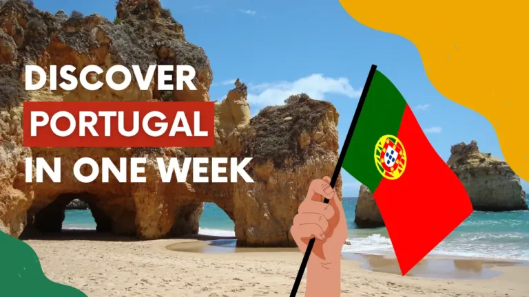 Cover graphic reading 'Discover Portugal in one week' with sea arches and a Portuguese flag