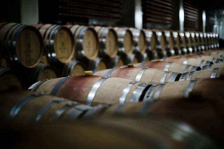 Rows of oak barrels in a dimly lit cellar