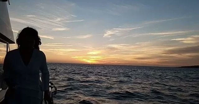 Silhouette of a woman against a pink sunset over the sea