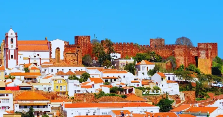 Silves old town with its red castle walls and whitewashed houses