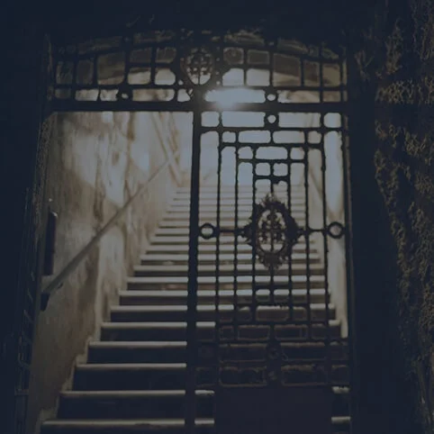 Ornate iron gate in front of a stone staircase