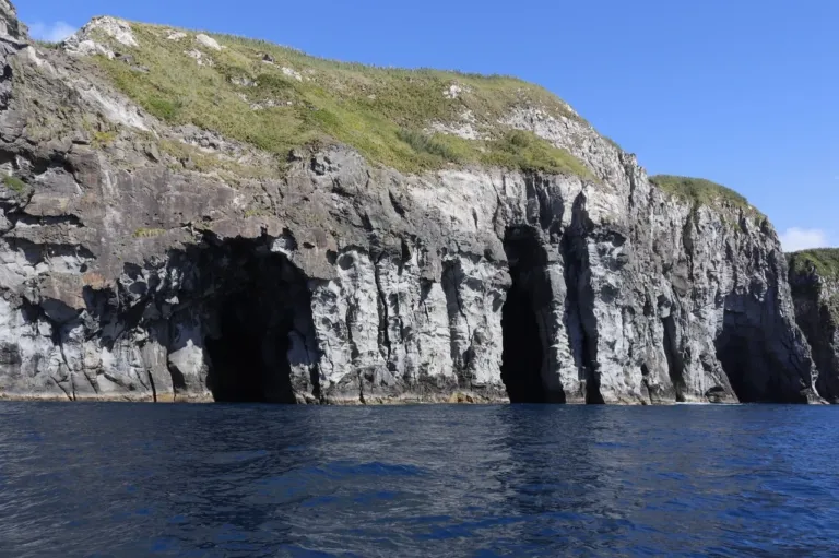 Dark volcanic sea cliffs with cave openings rising from the sea