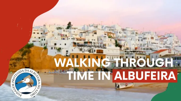 Video cover 'Walking through time in Albufeira' with a whitewashed old town and beach