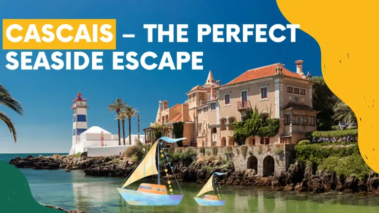 Video cover 'Cascais – the perfect seaside escape' with a lighthouse, a mansion and sailing boat illustrations