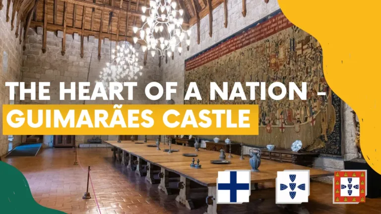 Video cover 'The heart of a nation – Guimarães Castle' with a banquet hall, chandeliers and tapestries