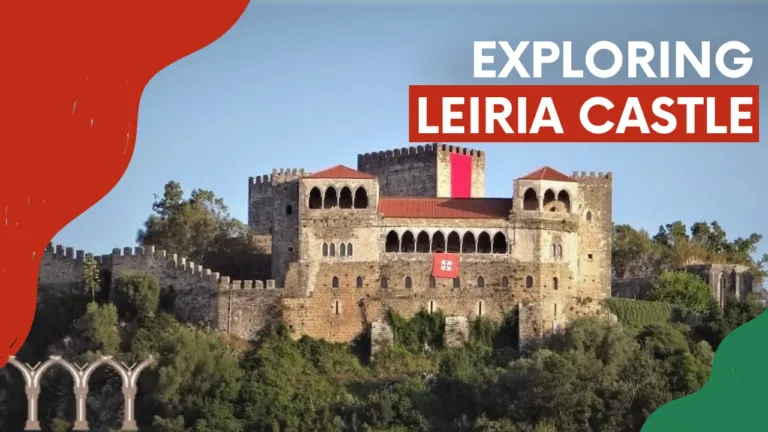 Video cover 'Exploring Leiria Castle' with the castle on its hill above an arcade