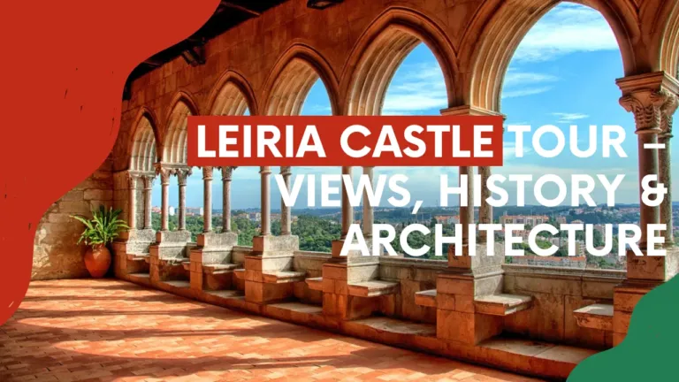 Video cover 'Leiria Castle tour – views, history & architecture' with a sunlit arched gallery