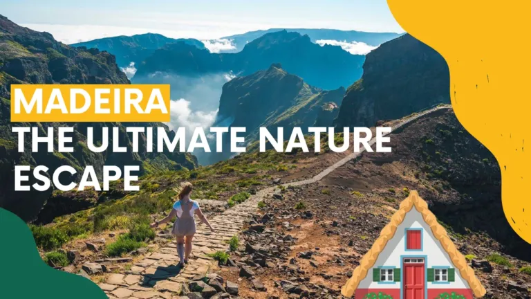 Video cover 'Madeira – the ultimate nature escape' with a hiker on a mountain path and a traditional house